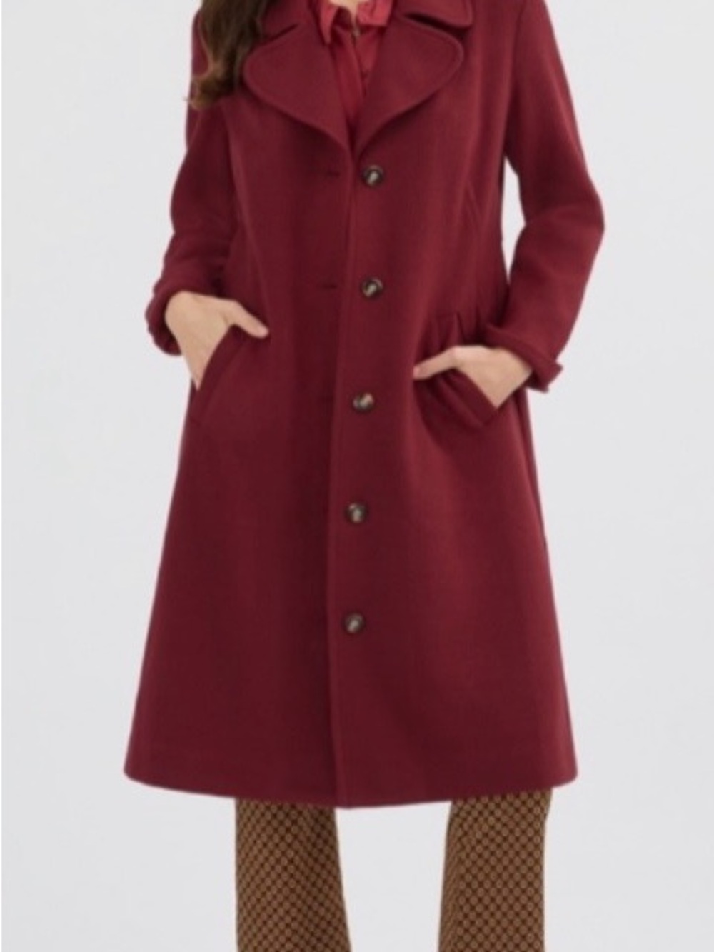 CAbi Burgundy A-Line Button Trench Coat
